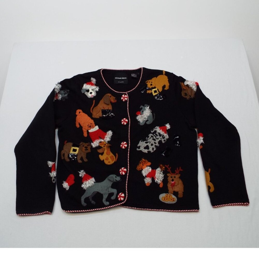 Michael Simon Black Dog Christmas Holiday Cardigan Sweater XL Peppermint Buttons